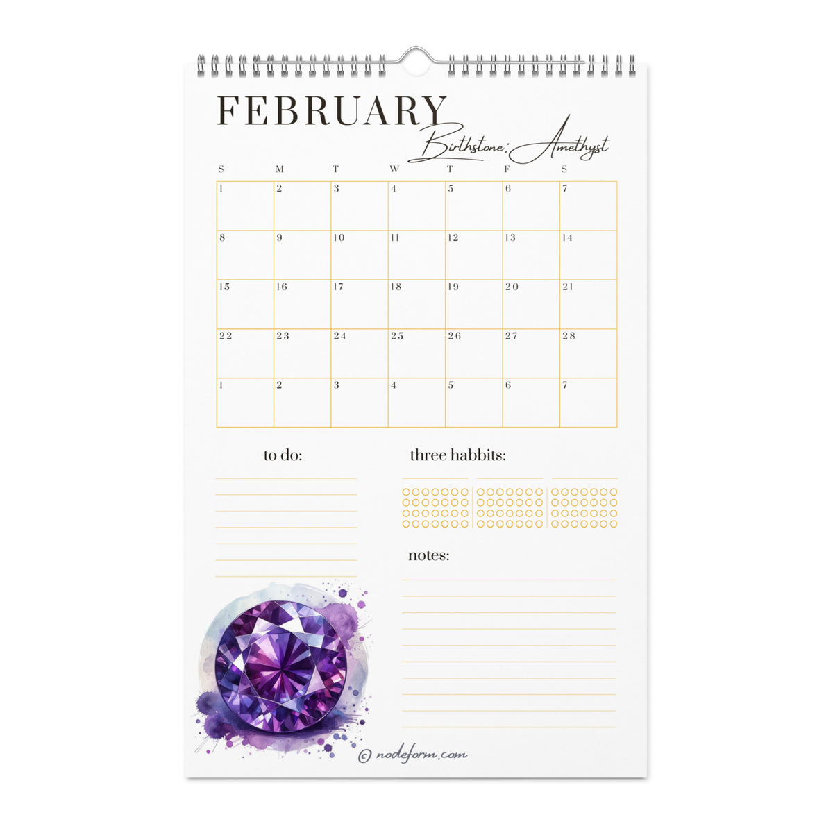 Calendar for February with a purple Amethyst gemstone design on a white background