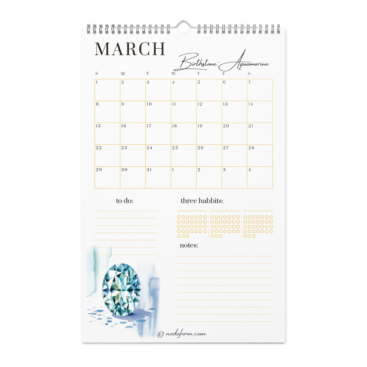 Calendar page for March with an aquamarine gemstone illustration on a white background