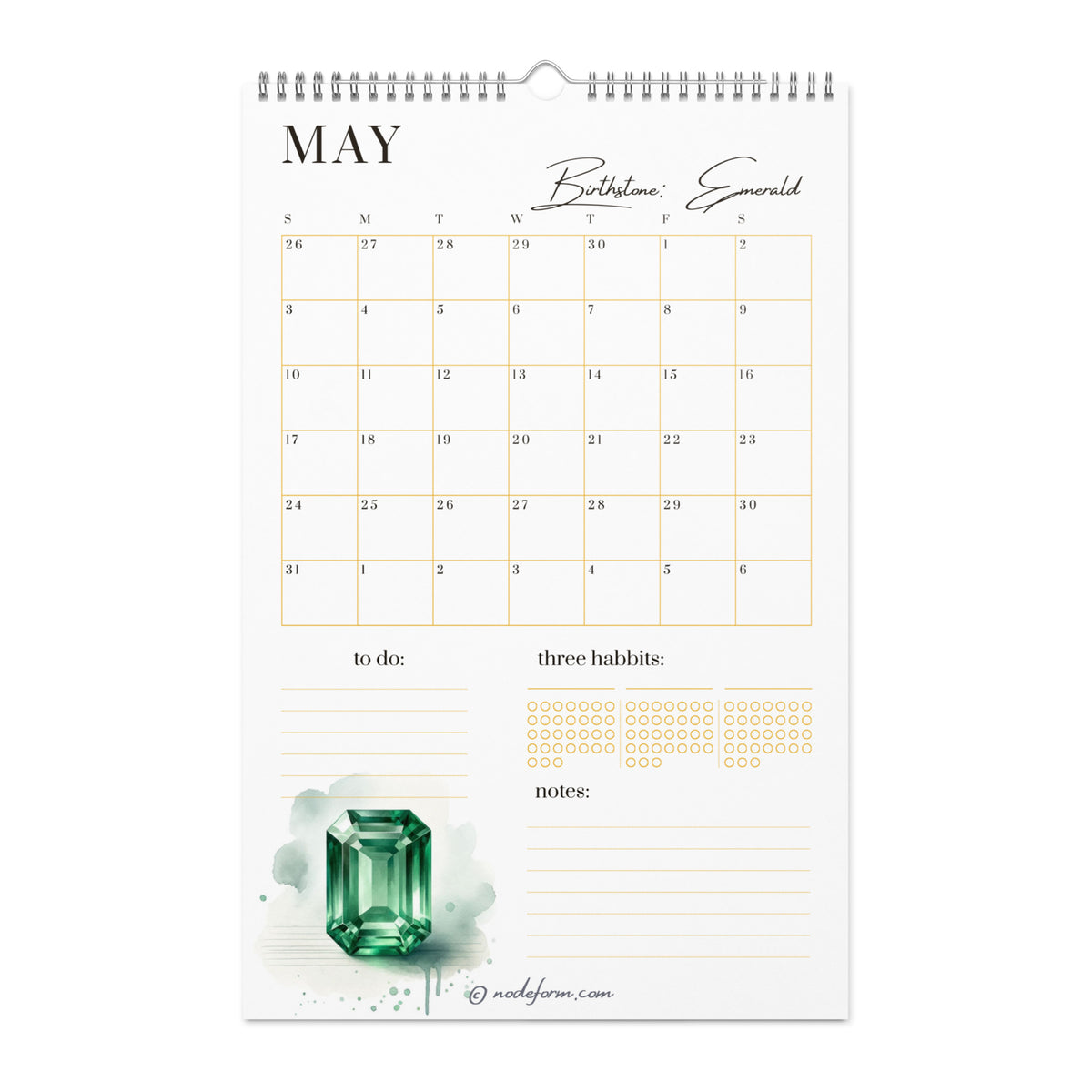 Calendar page for May with an emerald gemstone on a white background