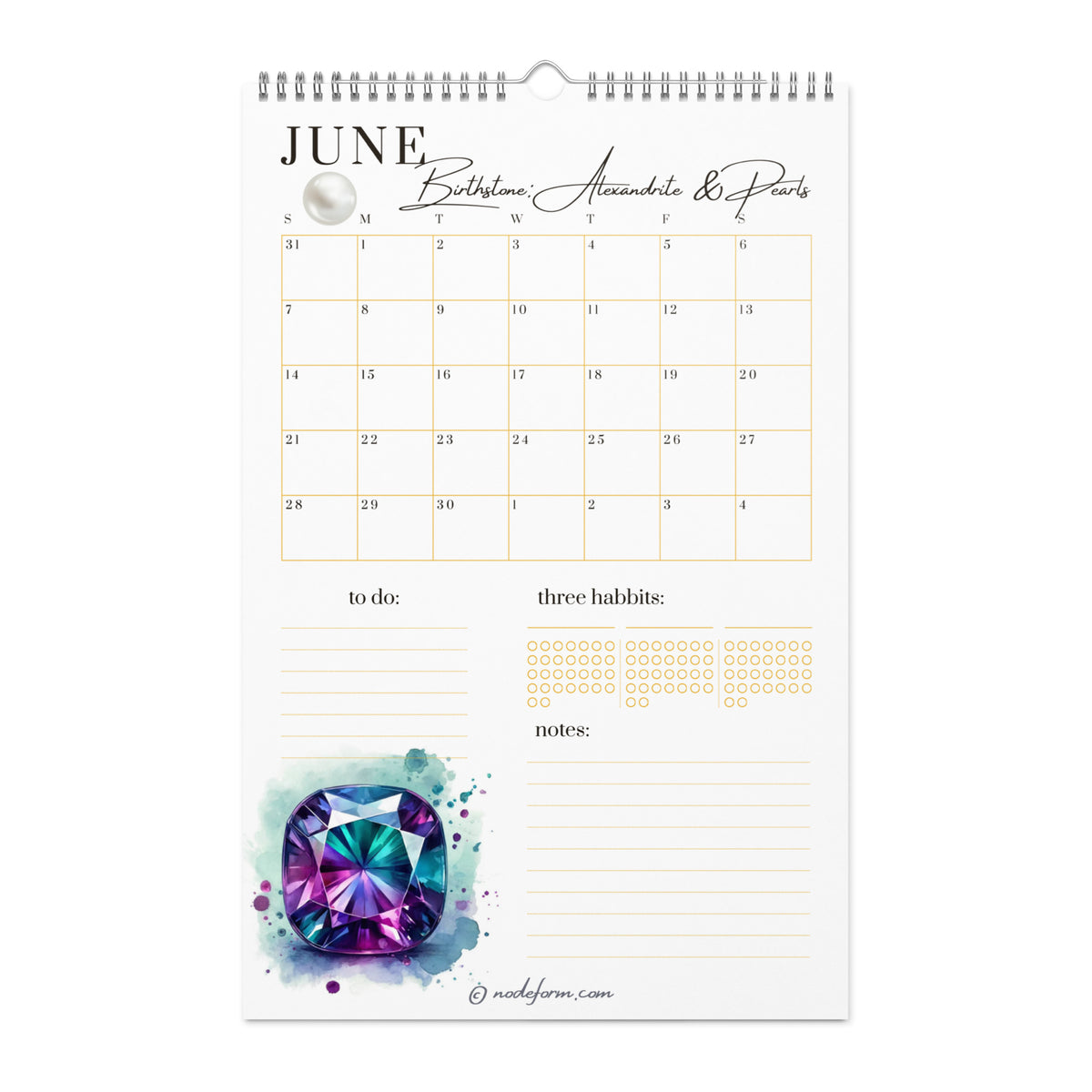 Calendar page for June with a colorful alexandrite gemstone design on a white background