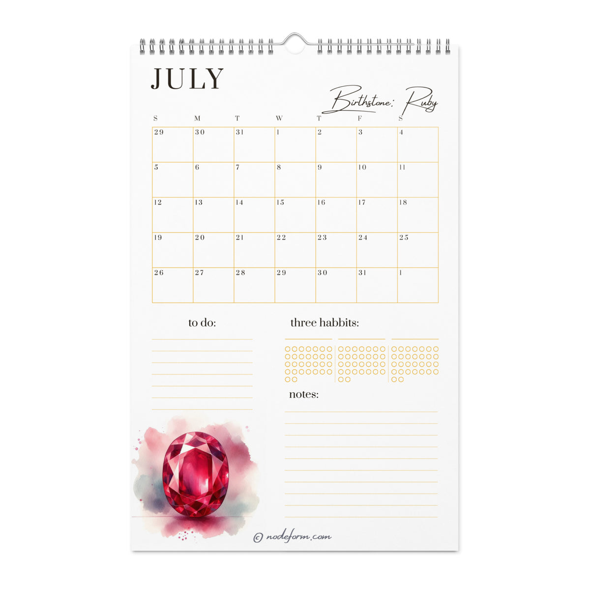 Calendar page for July with a red ruby gemstone illustration on a white background