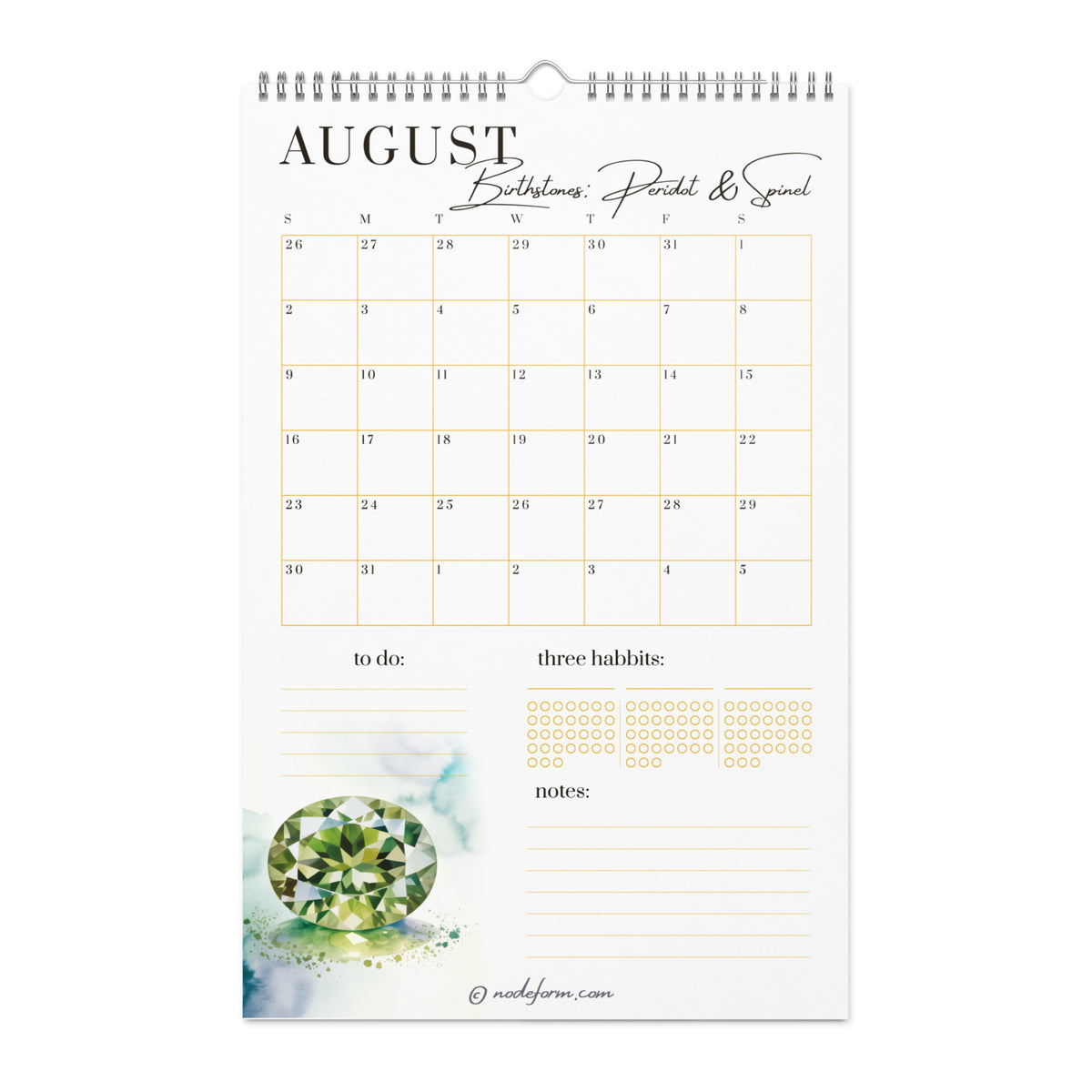 Calendar page for August with a green peridot gemstone design on a white background