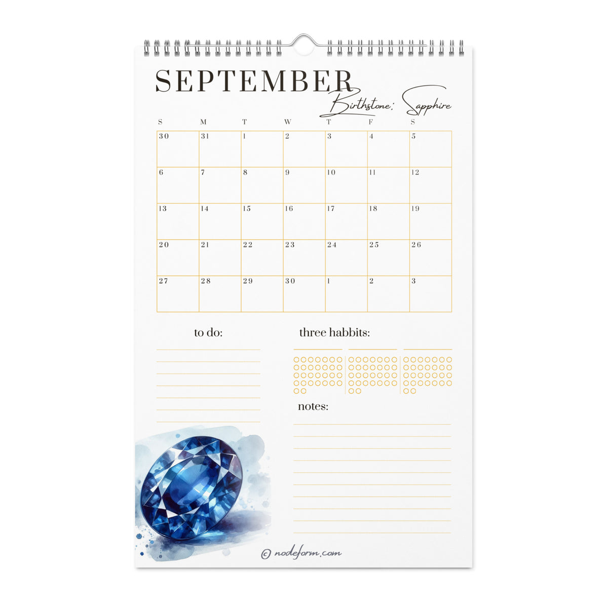 Calendar page for September with a blue sapphire birthstone illustration on a white background