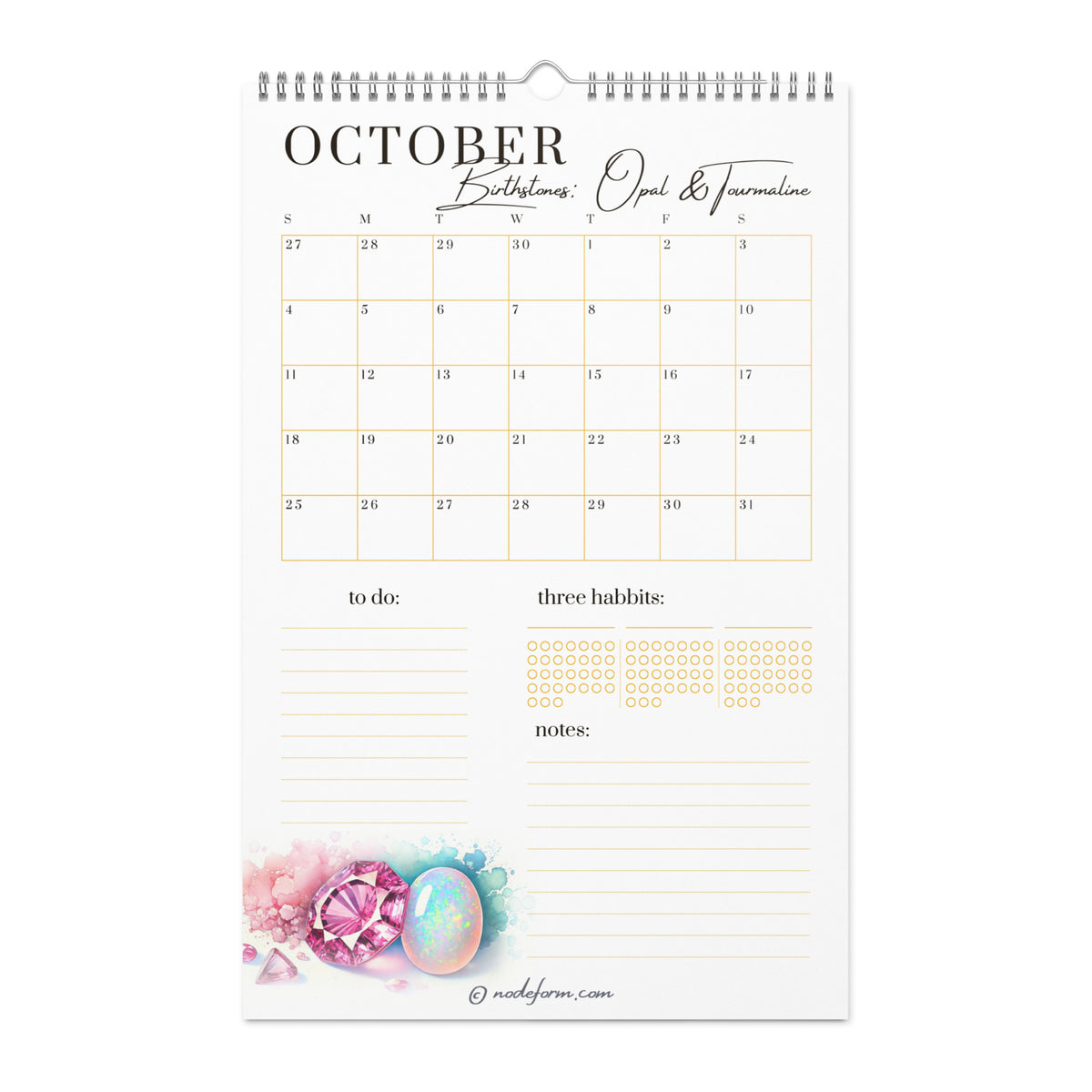 October calendar page with tourmaline and opal birthstone design on a white background