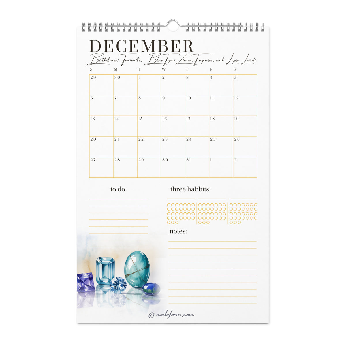 December calendar page with gemstone design on a white background
