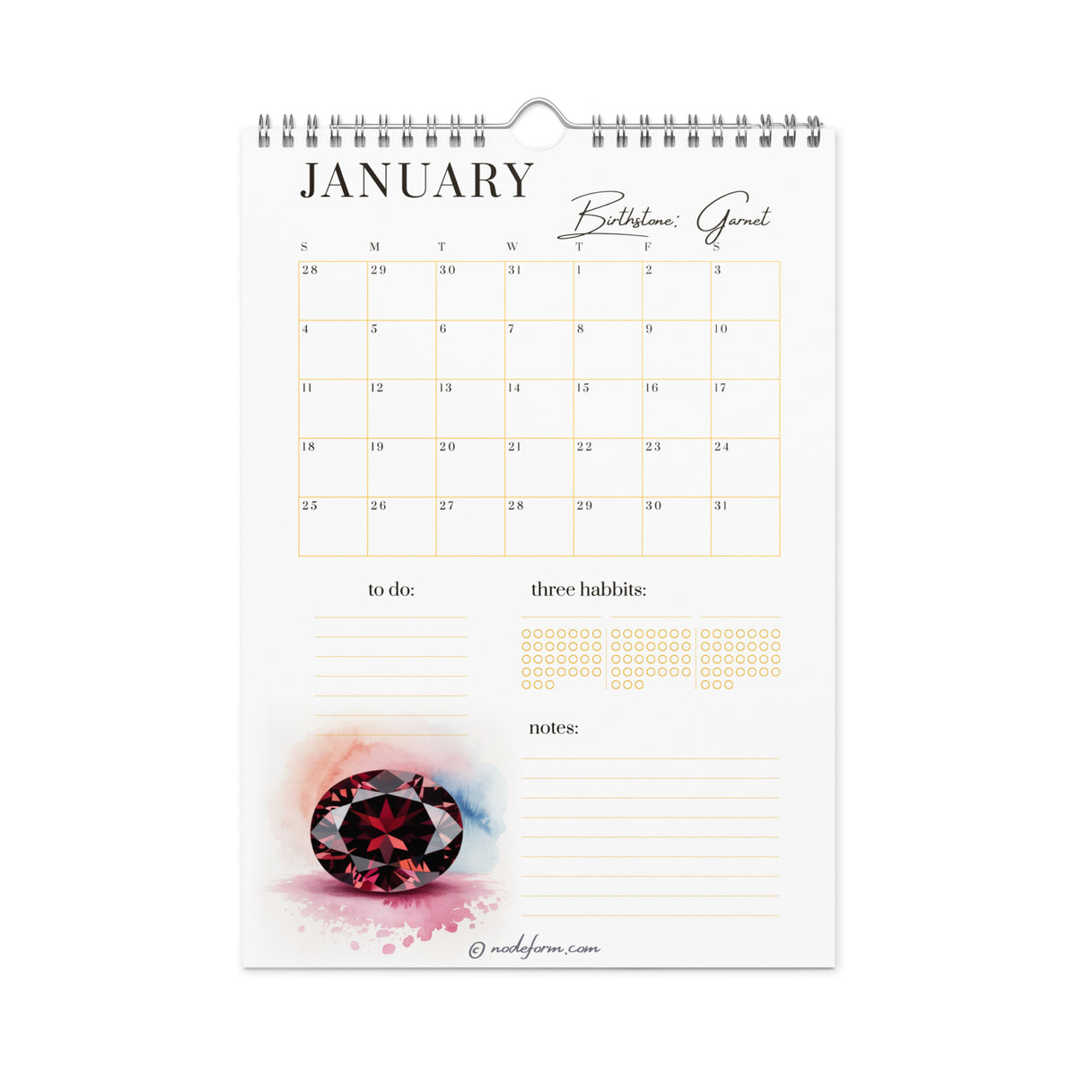 Calendar page for January with a Garnet gemstone watercolor illustration on a white background