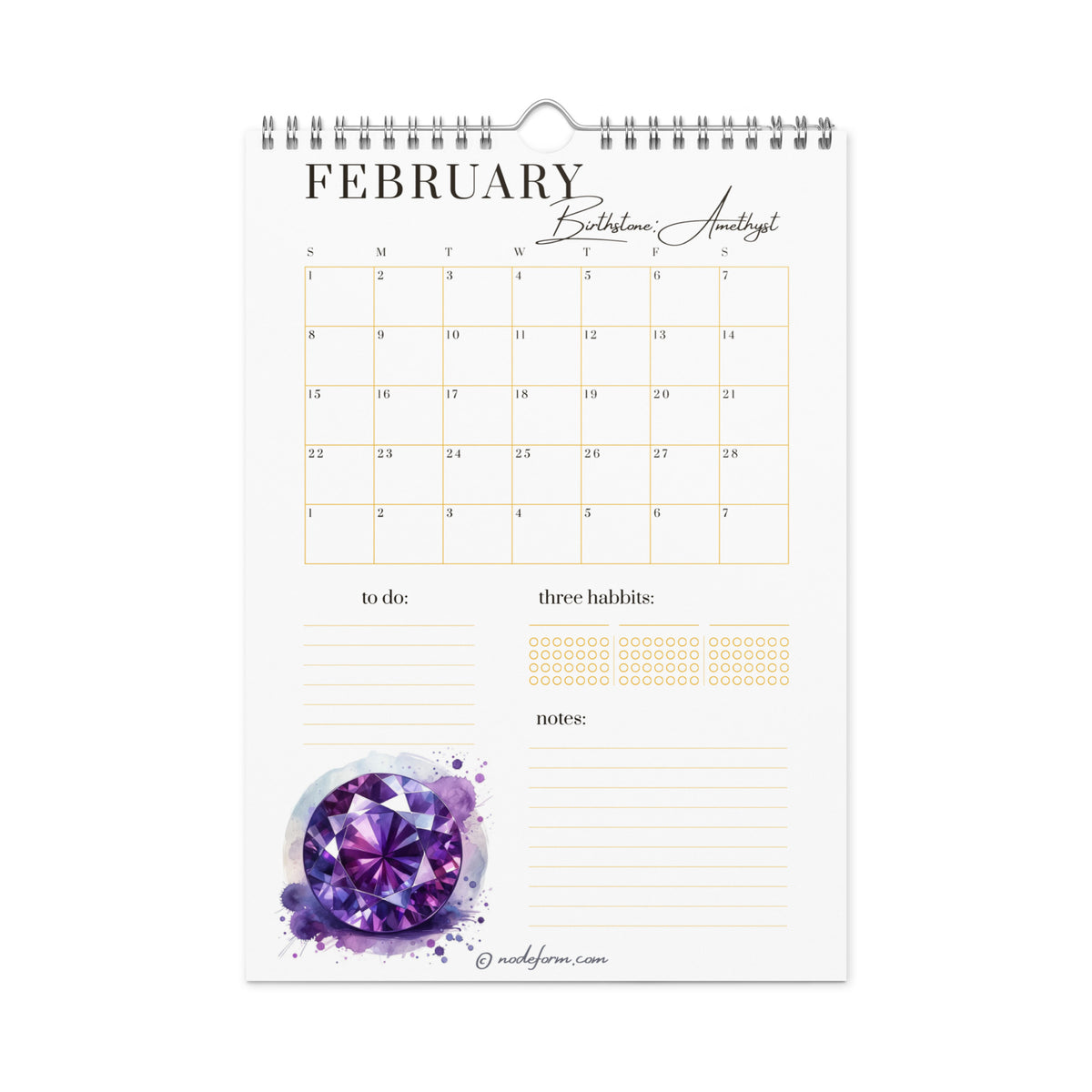 February calendar page with a purple Amethyst gemstone design on a white background