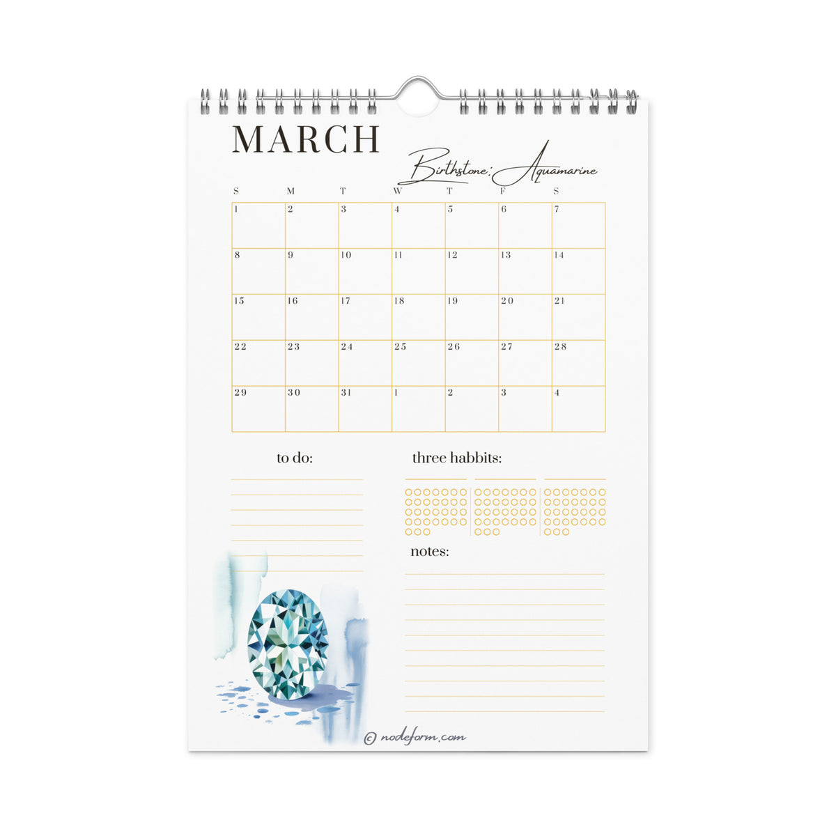 Calendar page for March with an Aquamarine gemstone design on a white background