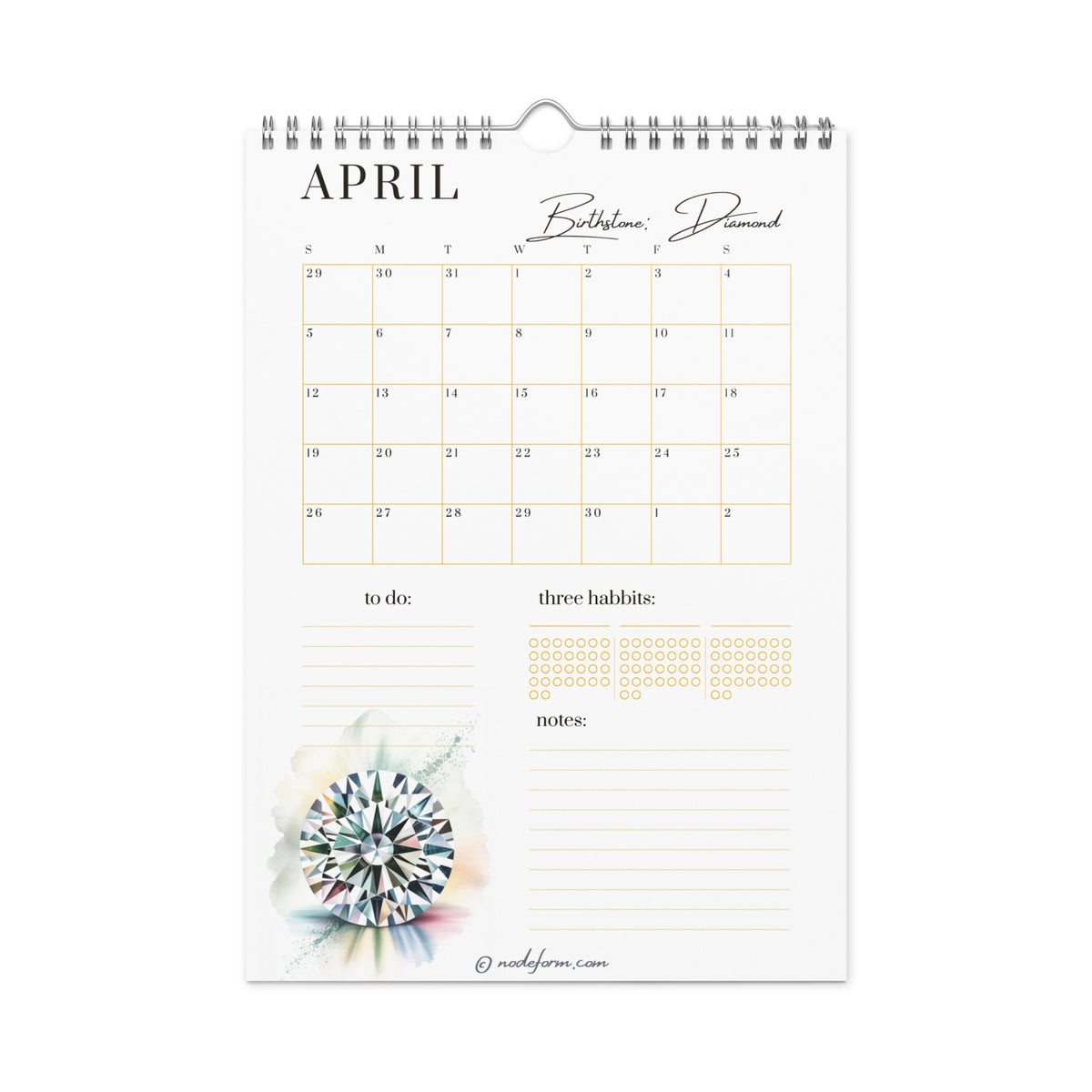 Calendar page for April with a diamond watercolor illustration on a white background