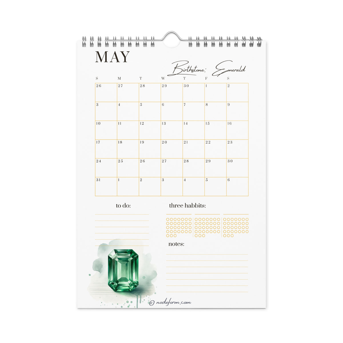 Calendar page for May with a green Emerald gemstone on a white background