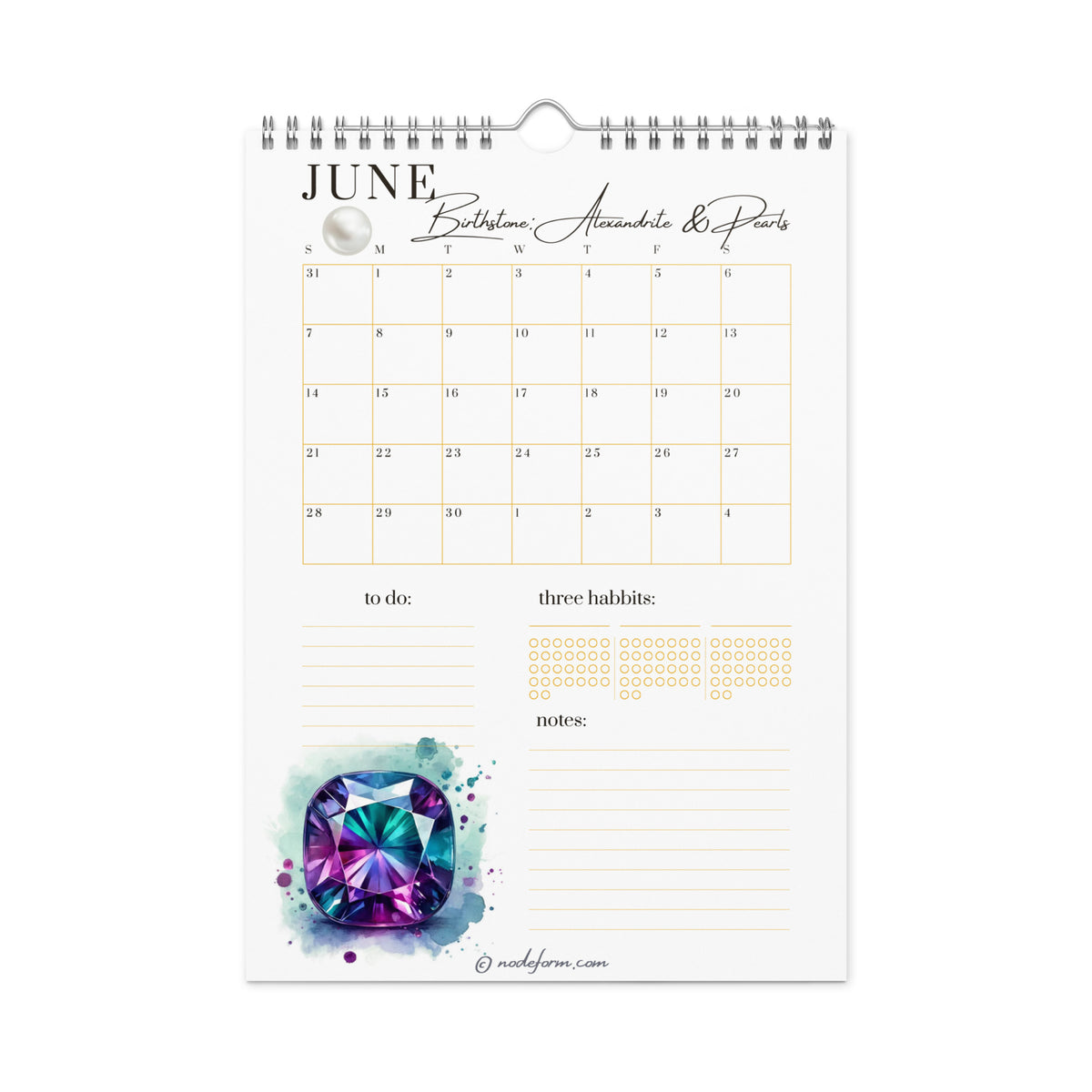 Calendar page for June with a colorful Alexandrite gemstone design on a white background