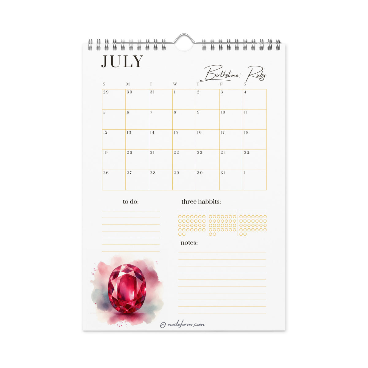 Calendar page for July with a red gemstone illustration on a white background