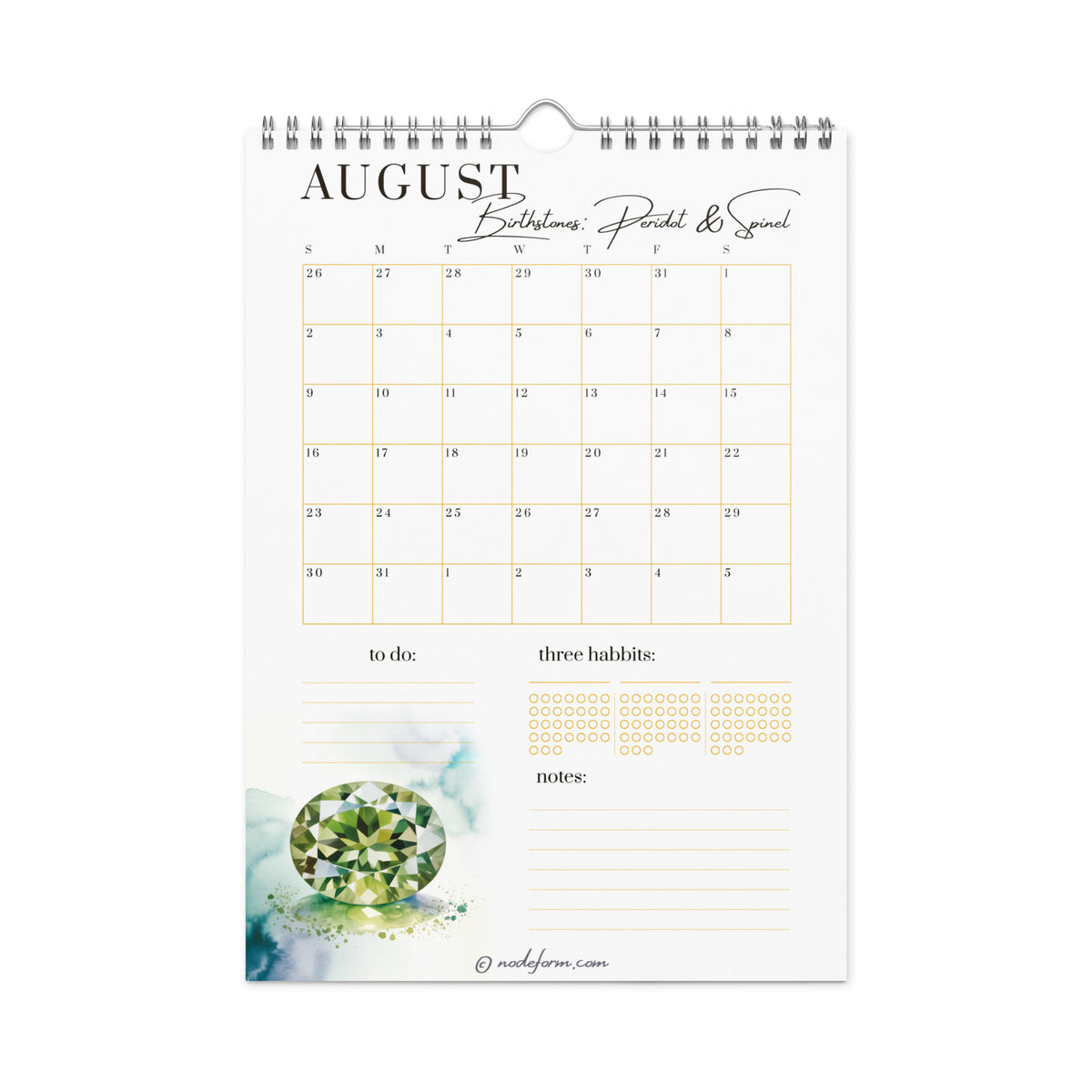Calendar page for August with a green Peridot illustration on a white background