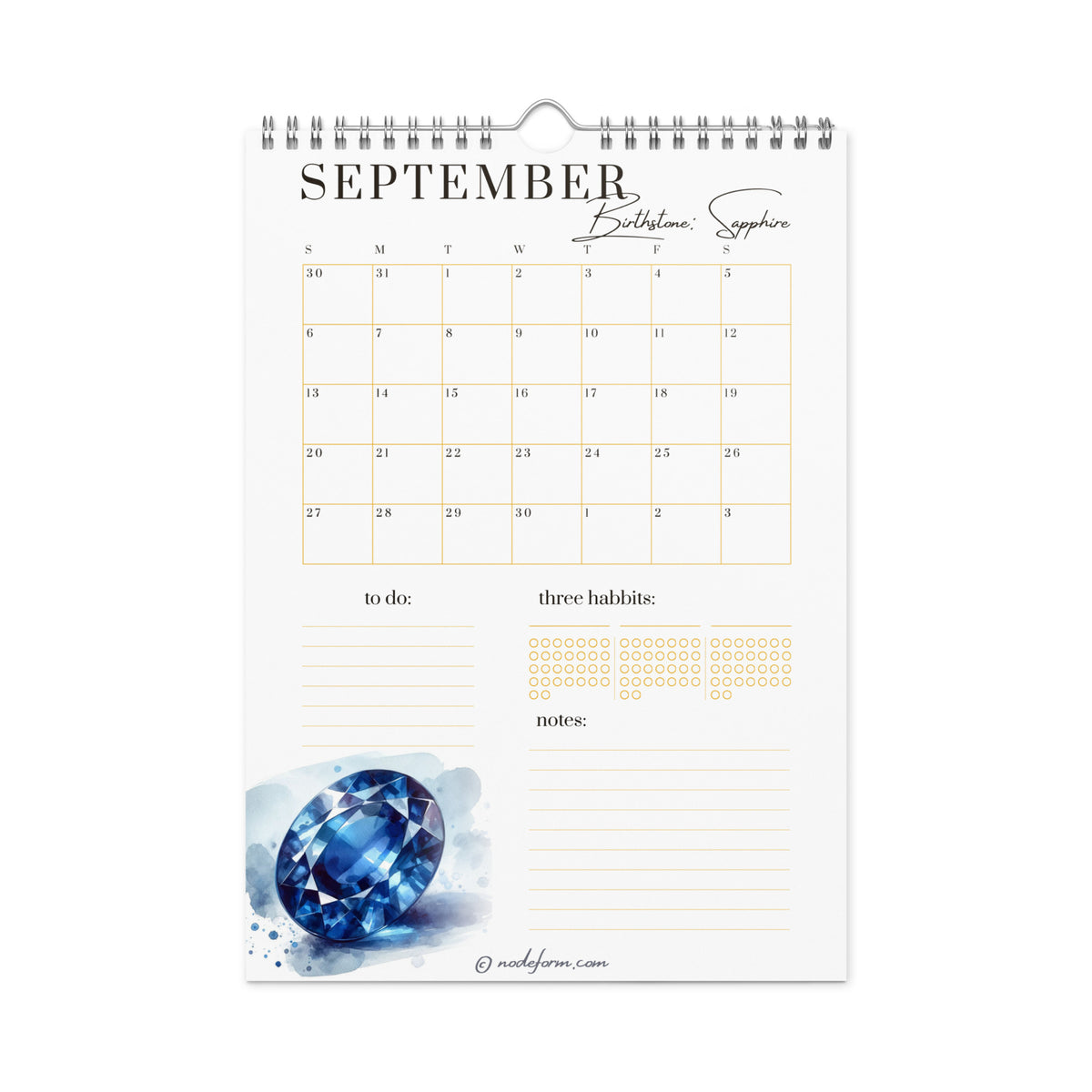 Calendar page for September with a blue sapphire illustration on a white background