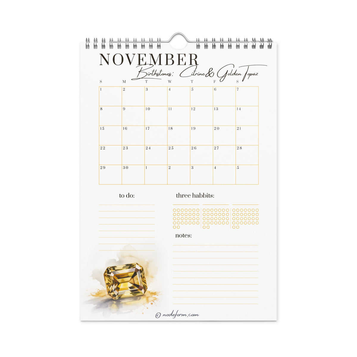 Calendar page for November with a Citrine Watercolor illustration on a white background