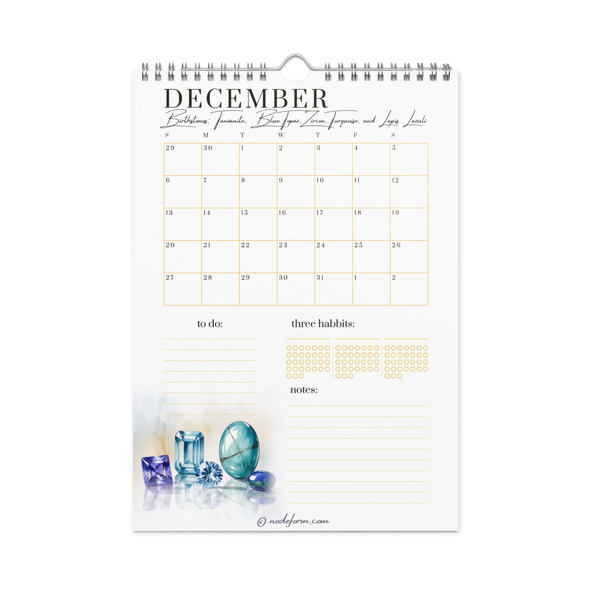 December calendar page with December birthstone illustration on a white background