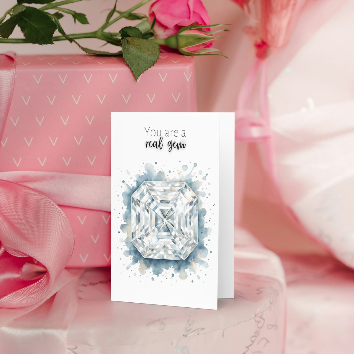 You are a real Gem | Watercolor Asscher Cut Diamond Print birthstone Folded Anniversary or Birthday Greeting Card