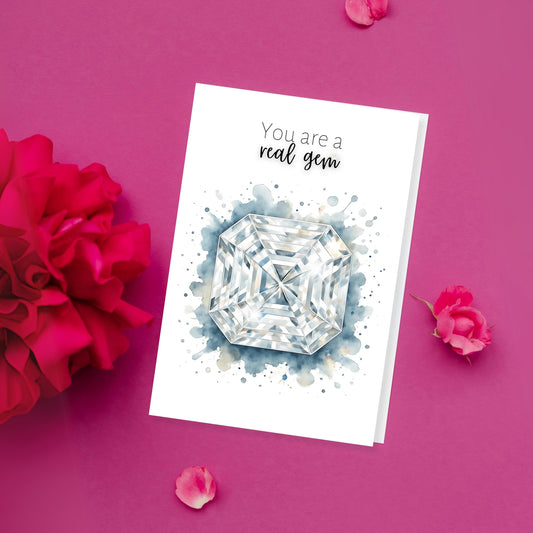 You are a real Gem | Watercolor Asscher Cut Diamond Print Folded Card on pink
