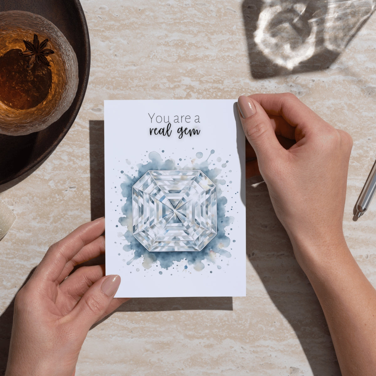 You are a real Gem | Watercolor Asscher Cut Diamond Print Folded Card