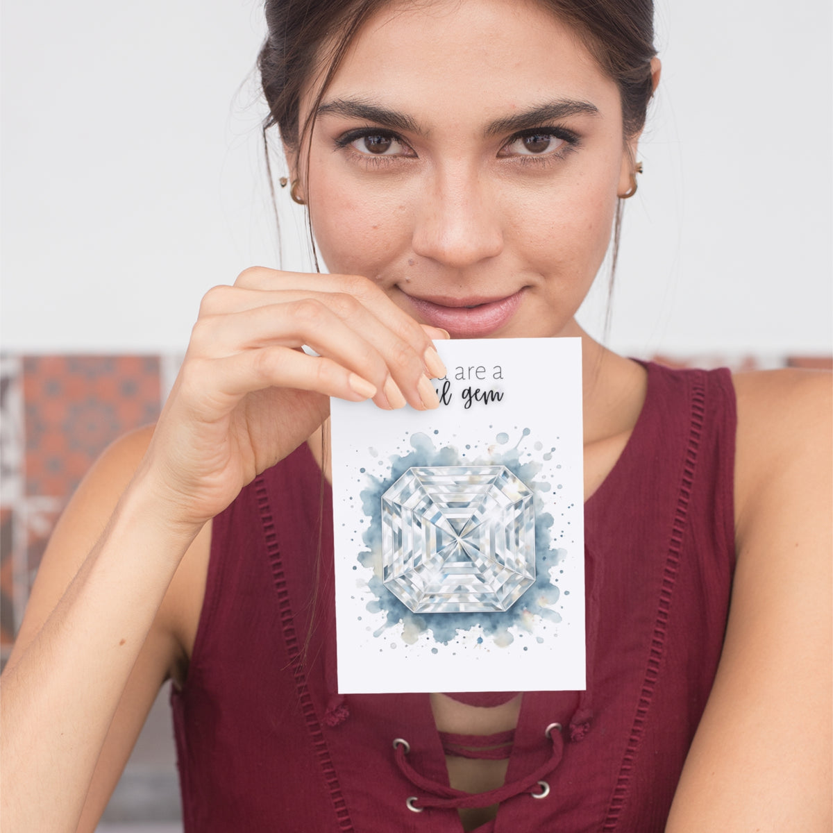 You are a real Gem | Watercolor Asscher Cut Diamond Print Folded Card held up by a woman
