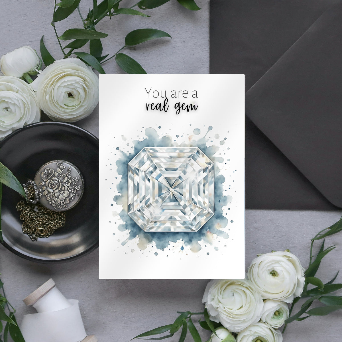 You are a real Gem | Watercolor Asscher Cut Diamond Print birthstone Folded Anniversary or Birthday Greeting Card