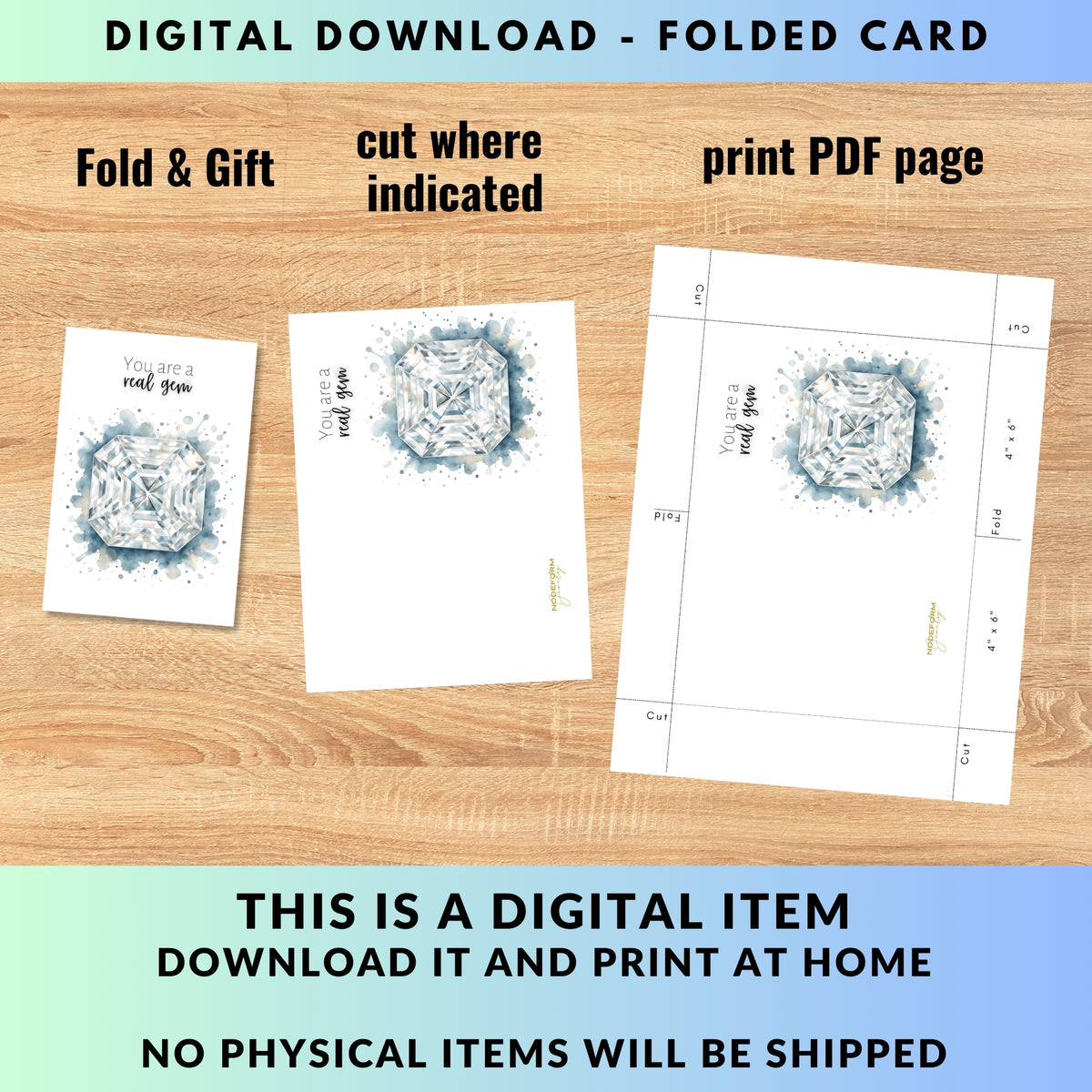 digital You are a real Gem | Watercolor Asscher Cut Diamond Print birthstone Folded Anniversary or Birthday Greeting Card