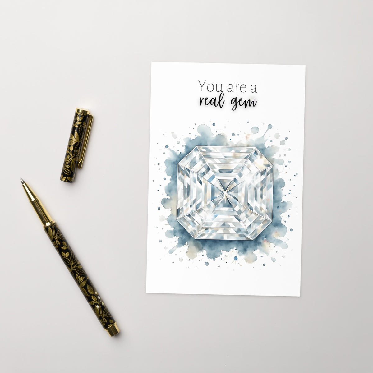 You are a real Gem | Watercolor Asscher Cut Diamond Print Folded Card with pen