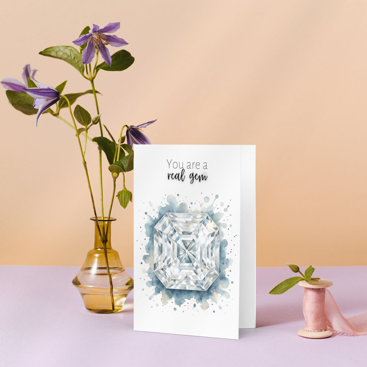 You are a real Gem | Watercolor Asscher Cut Diamond Print Folded Card