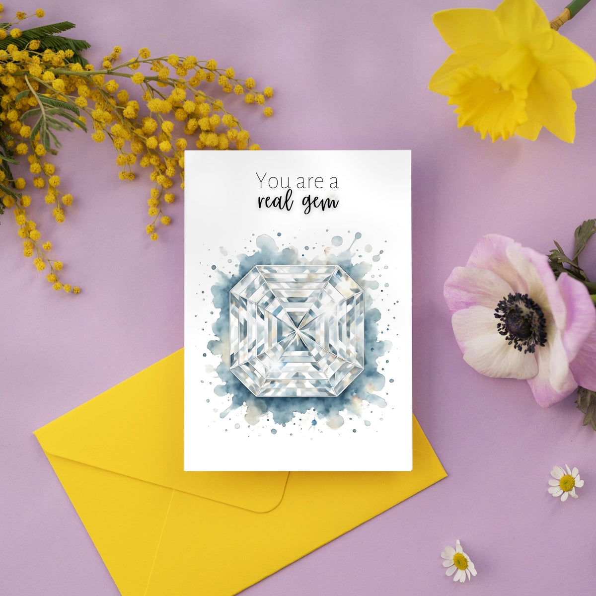 You are a real Gem | Watercolor Asscher Cut Diamond Print birthstone Folded Anniversary or Birthday Greeting Card