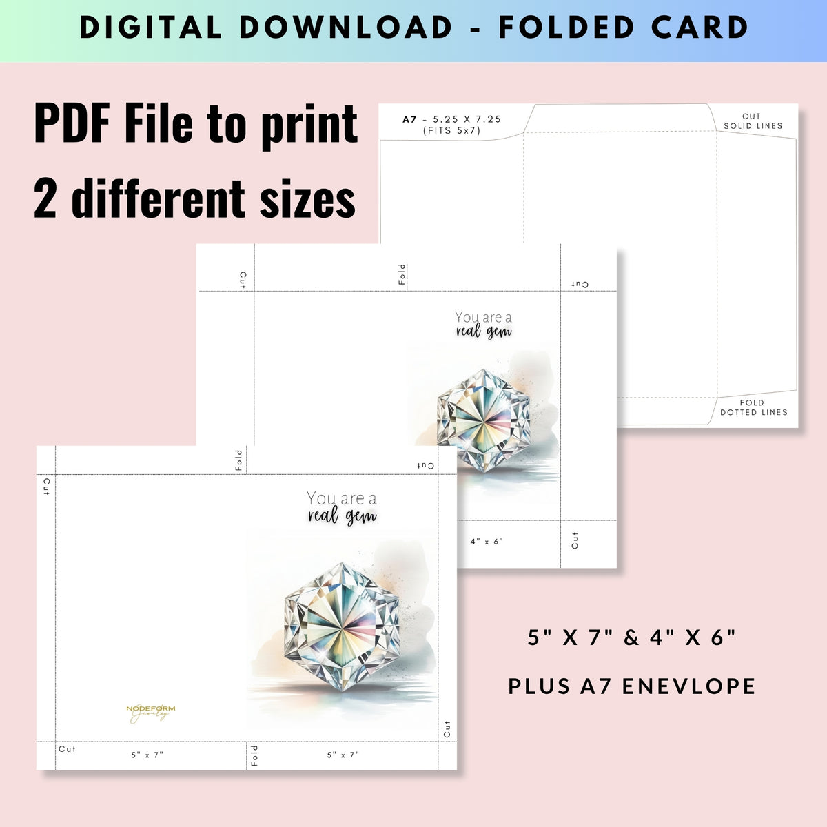 Digital download of folded card templates with gemstone illustrations on a pink background.
