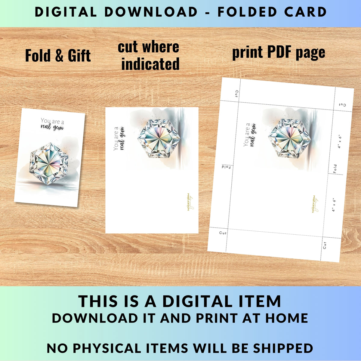 Digital download folded card with hexagon diamond design on a wooden surface