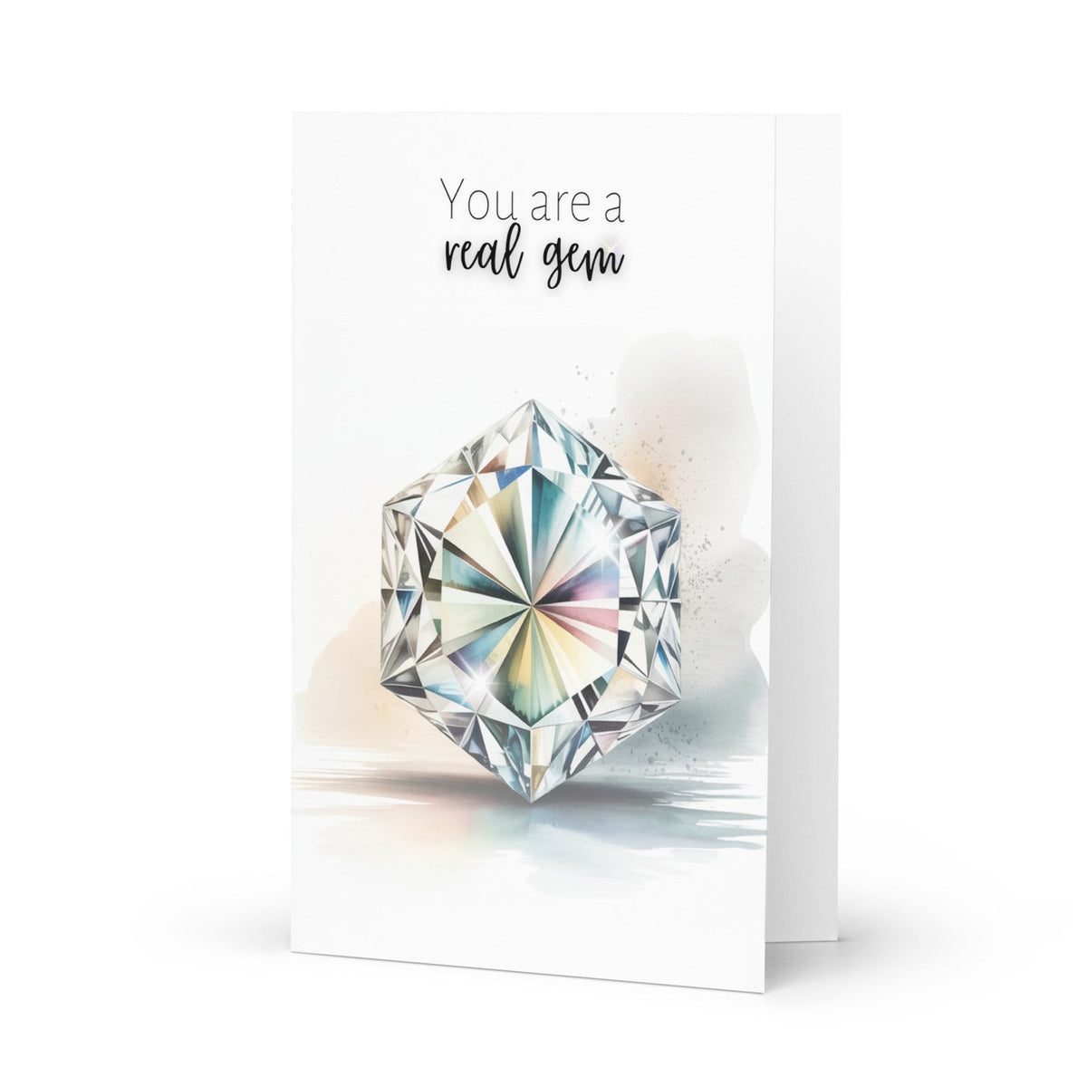 Folded greeting card with a hexagon diamond illustration and text 'You are a real gem' on a white background