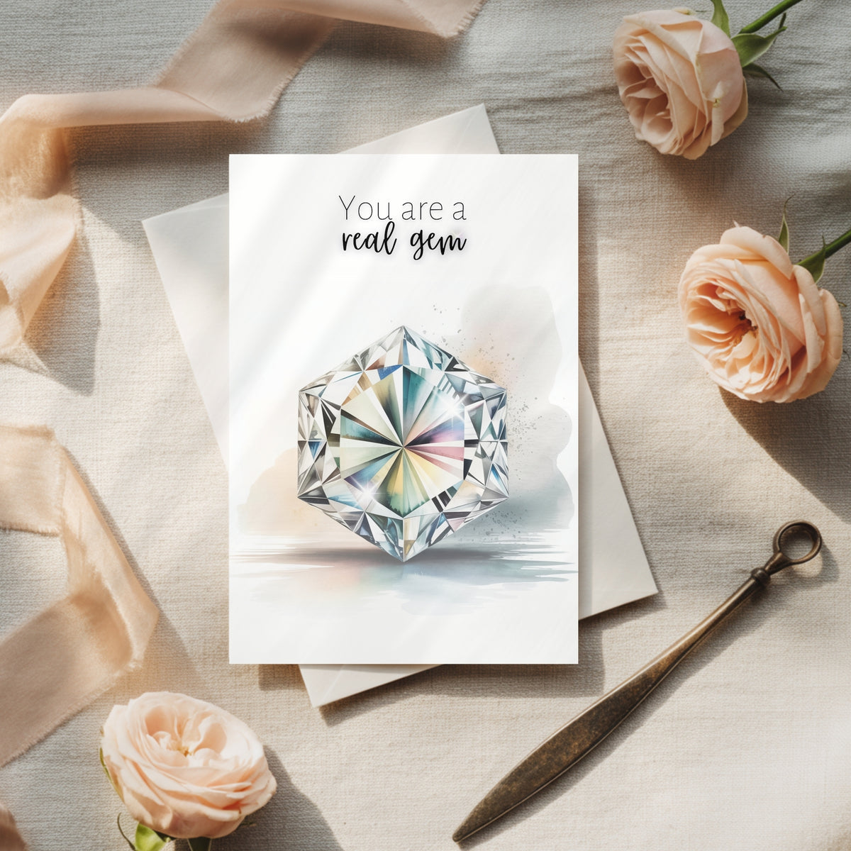 Greeting card with hexagon diamond illustration and 'You are a real gem' text, surrounded by flowers and ribbons on a textured surface.