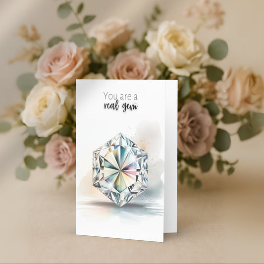 Greeting card with hexagon diamond and flowers in the background