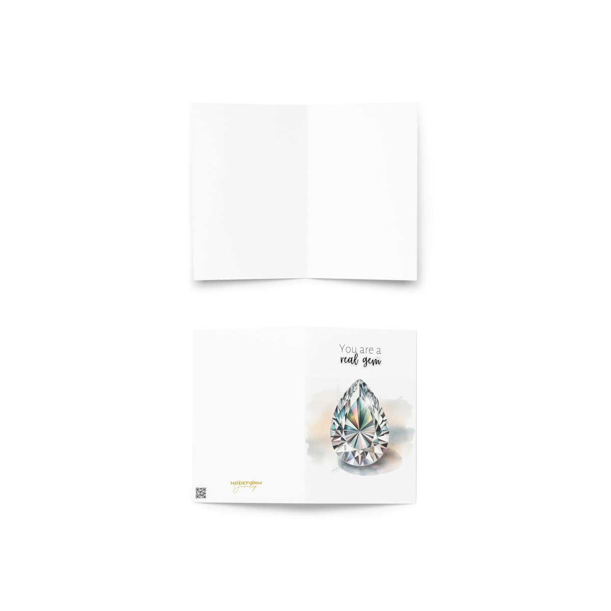 Greeting card with teardrop-shaped diamond illustration and text on a white background