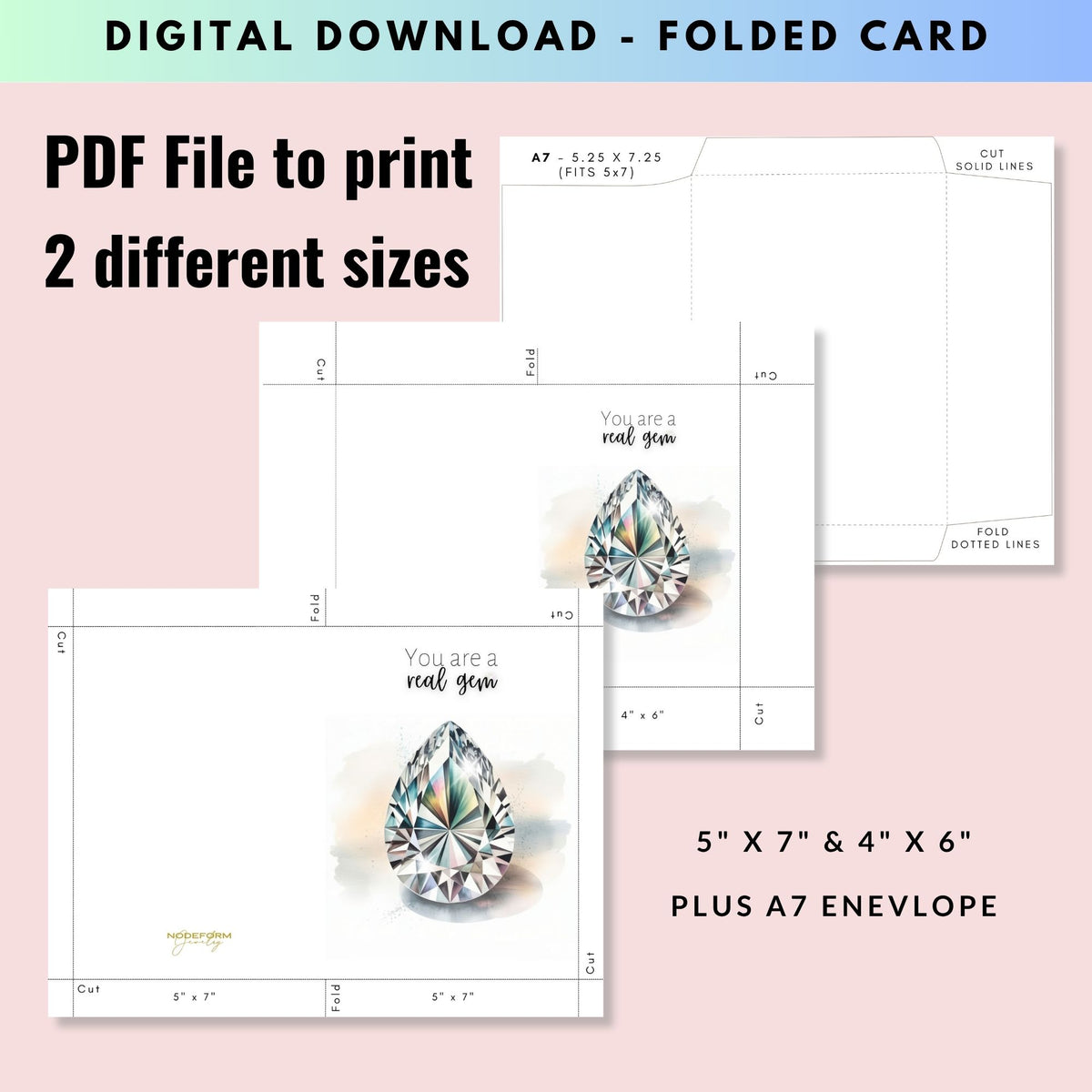 Digital download of folded card templates with gemstone illustrations on a pink background.
