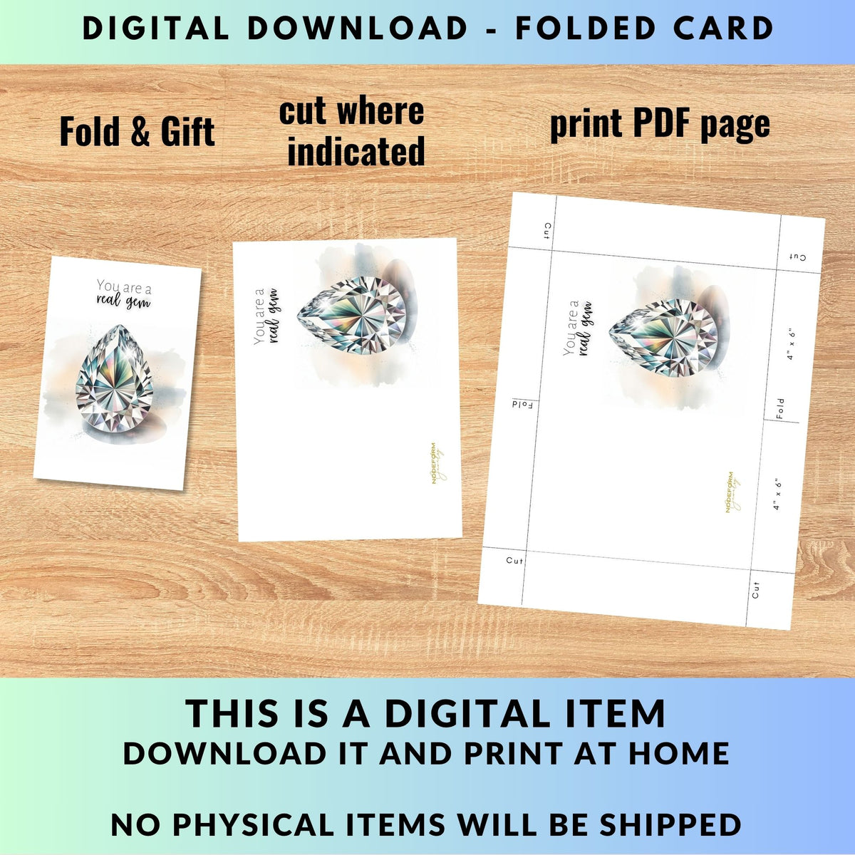 Instructions Digital download folded card with gemstone design on a wooden surface