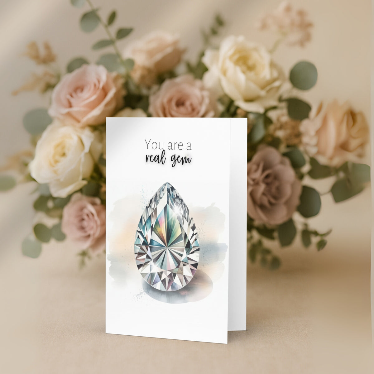 Greeting card with diamond illustration and floral background