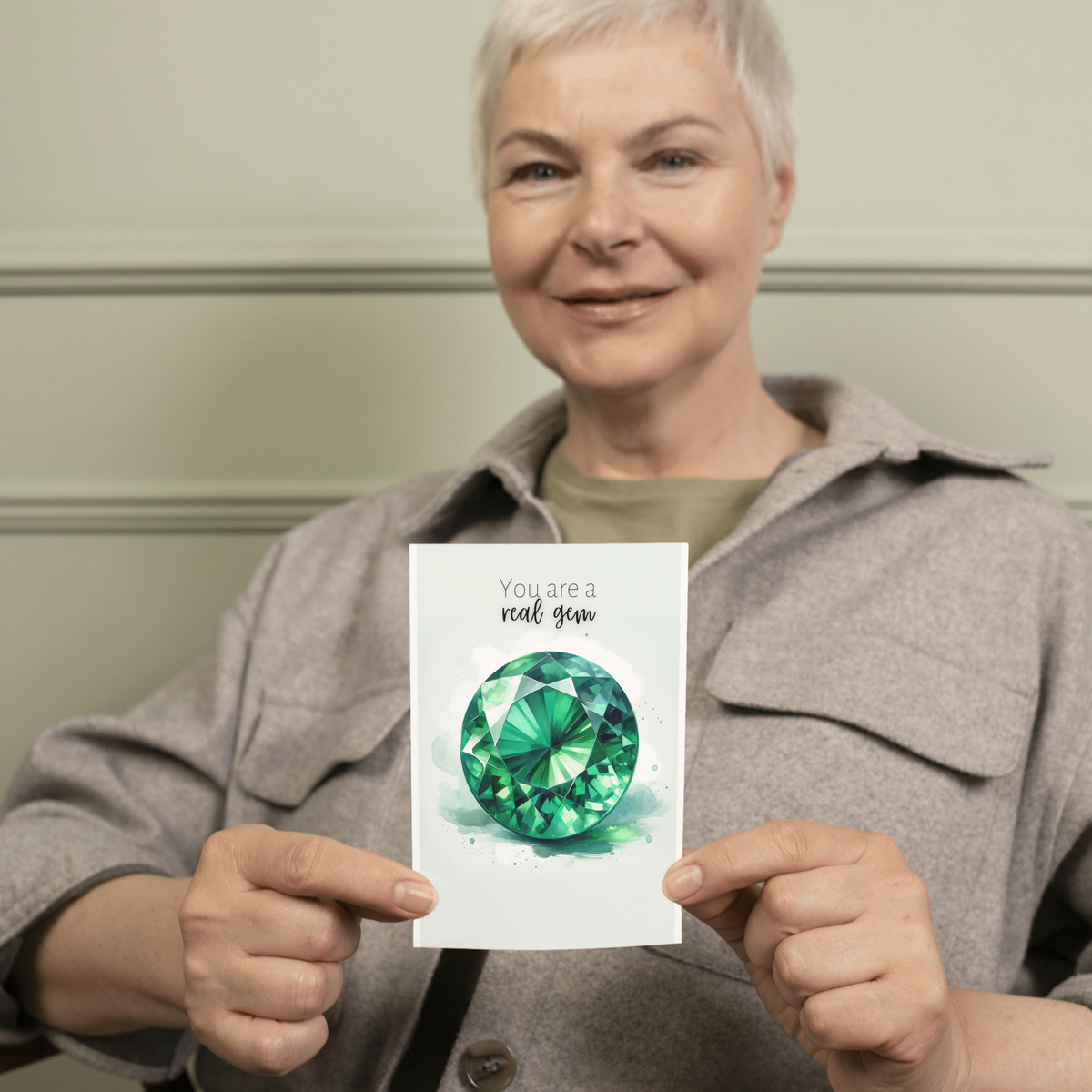 "You are a real Gem" Watercolor Round Emerald Greeting Card by Nodeform