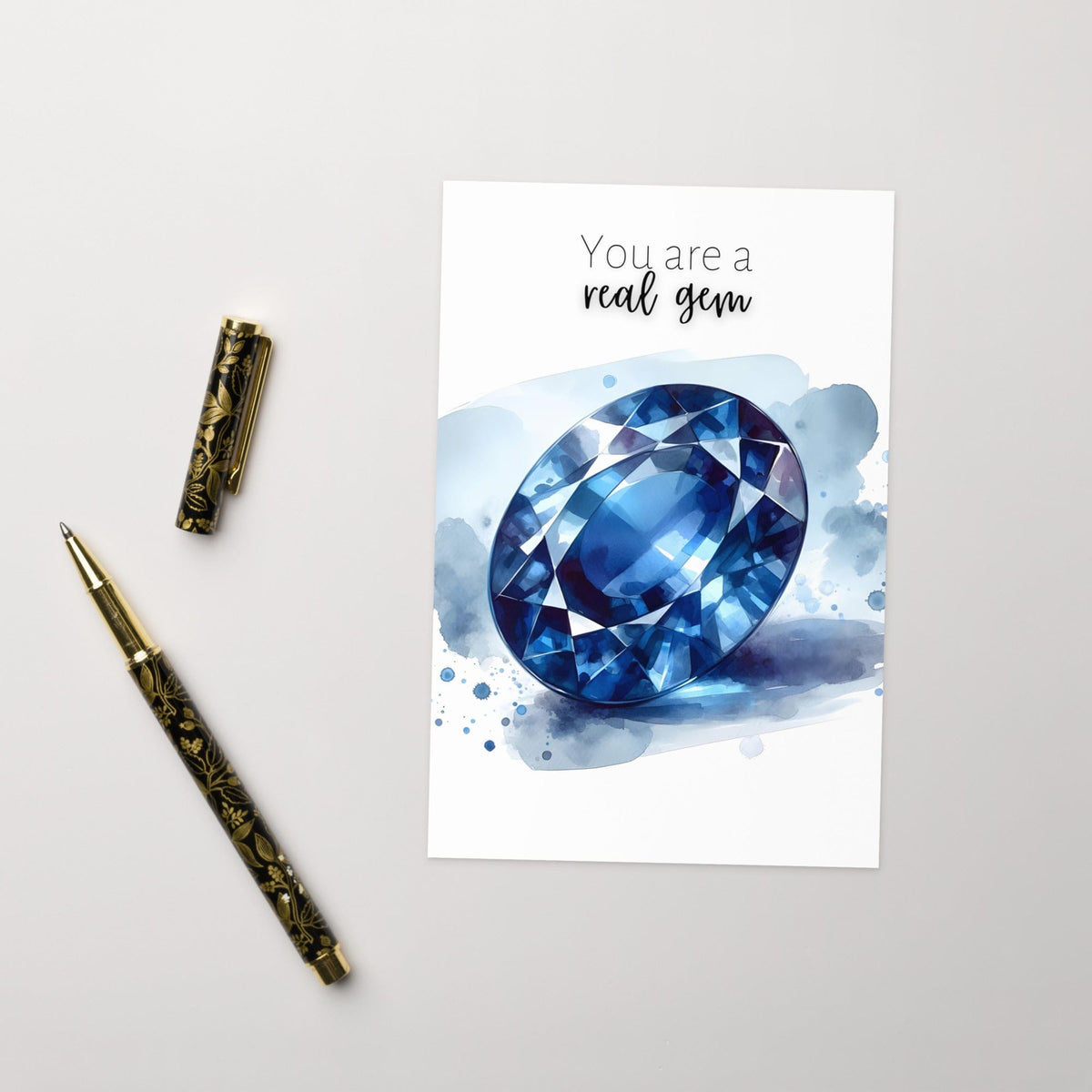 "You are a real gem" Watercolor Oval Sapphire Greeting Card Cards by Nodeform