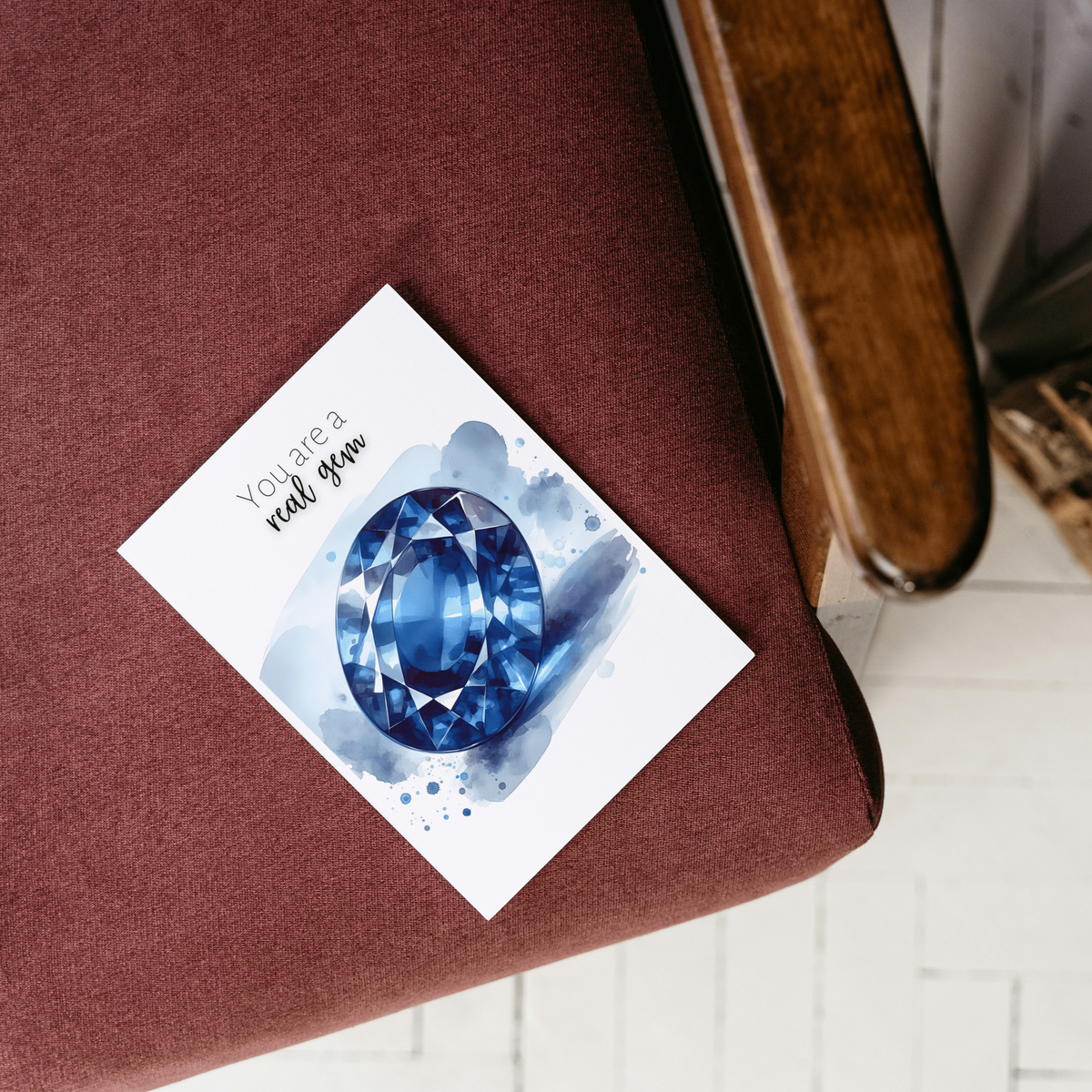 "You are a real gem" Watercolor Oval Sapphire Greeting Card Cards by Nodeform