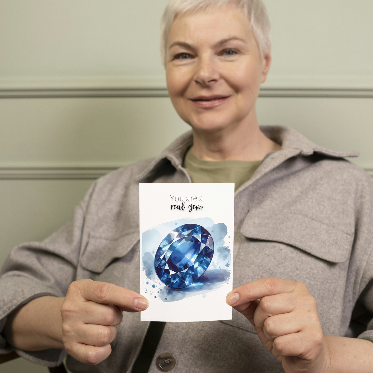 "You are a real gem" Watercolor Oval Sapphire Greeting Card Cards by Nodeform