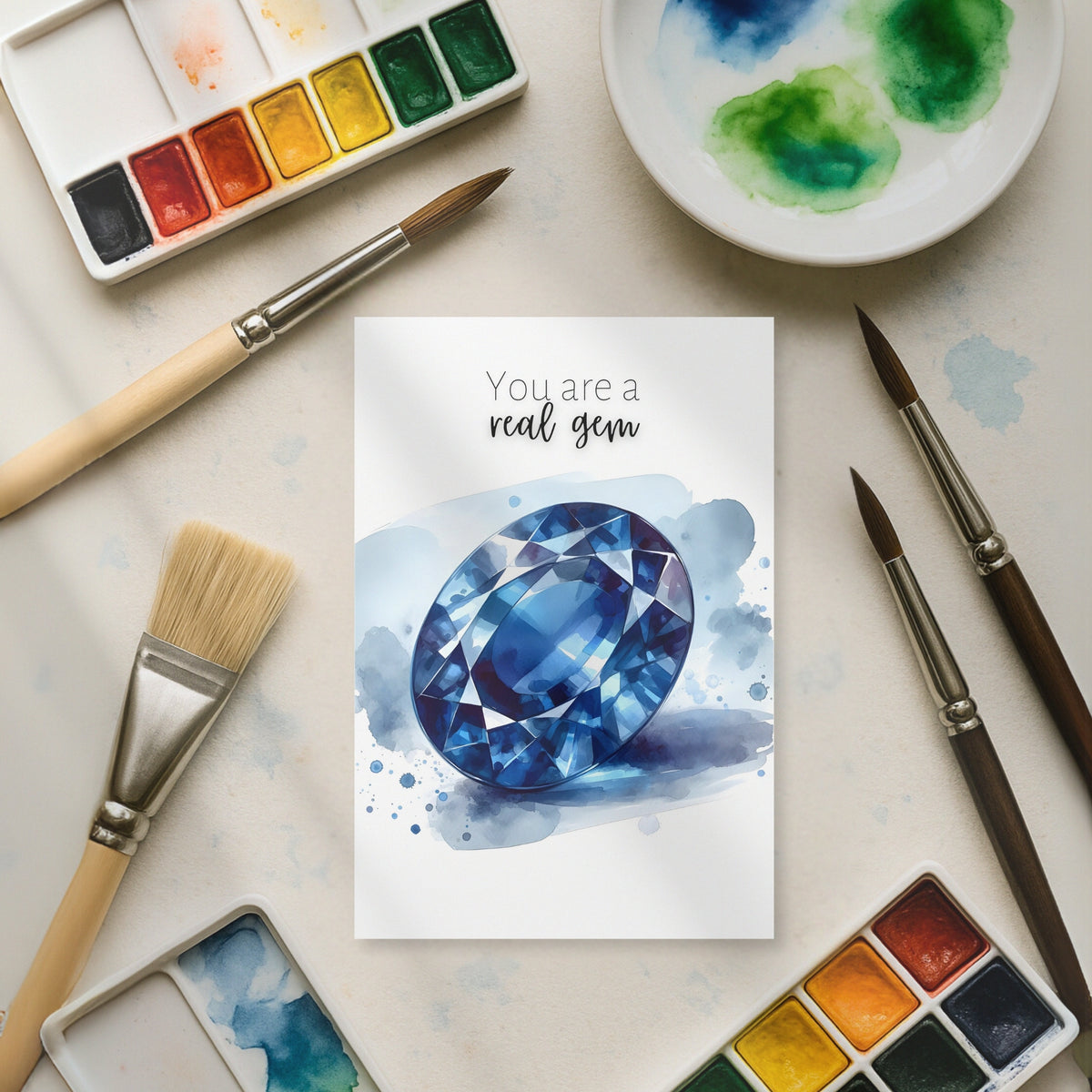 You are a real gem | Watercolor Oval Sapphire Greeting Card