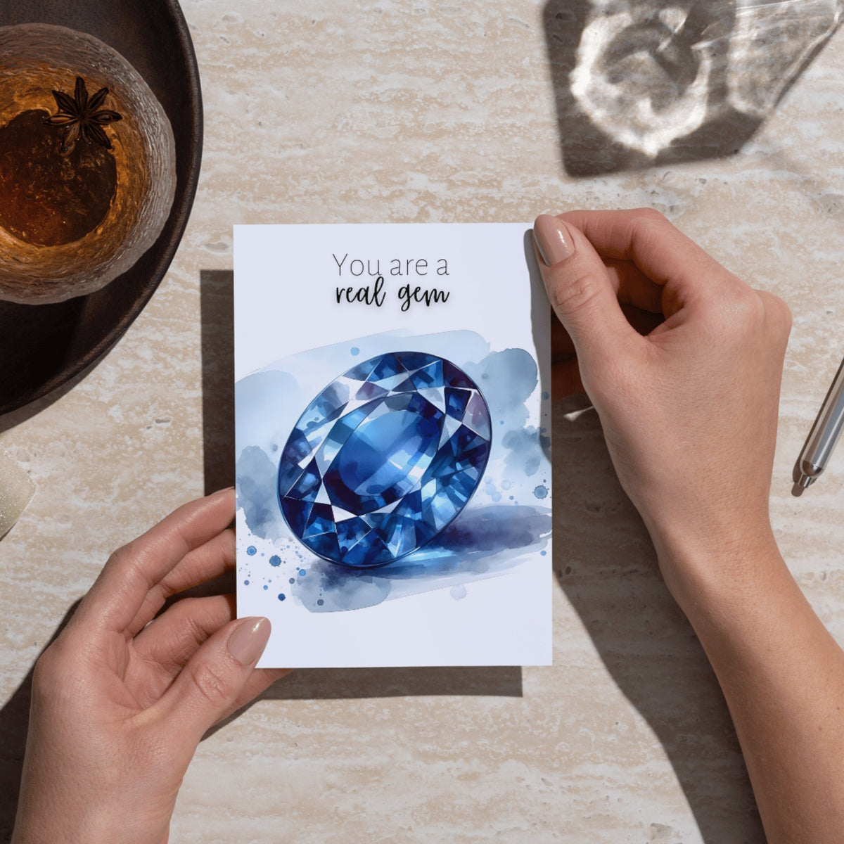 You are a real gem | Watercolor Oval Sapphire Greeting Card