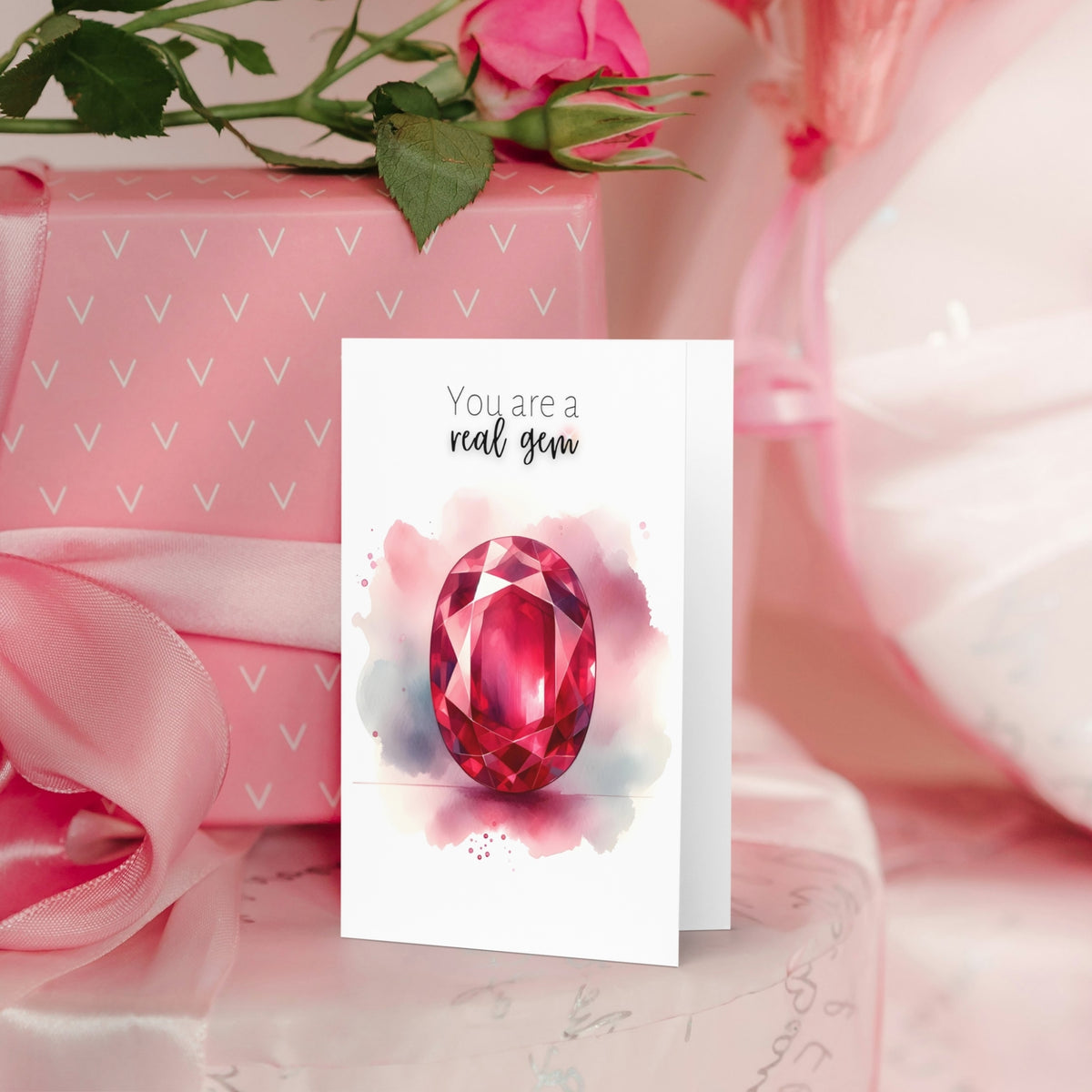 "You are a real gem" Watercolor Oval Ruby Folded anniversary or Birthday Card by Nodeform