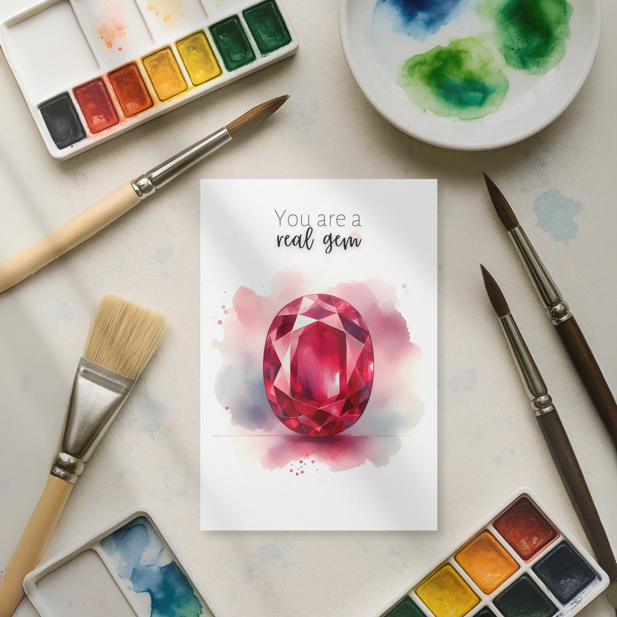 "You are a real gem" Watercolor Oval Ruby Folded anniversary or Birthday Card by Nodeform
