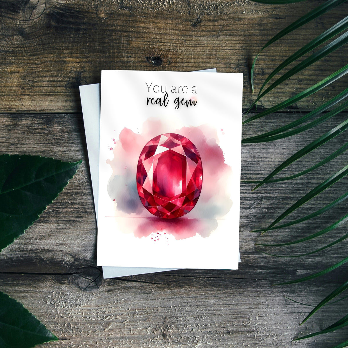 "You are a real gem" Watercolor Oval Ruby Folded anniversary or Birthday Card by Nodeform