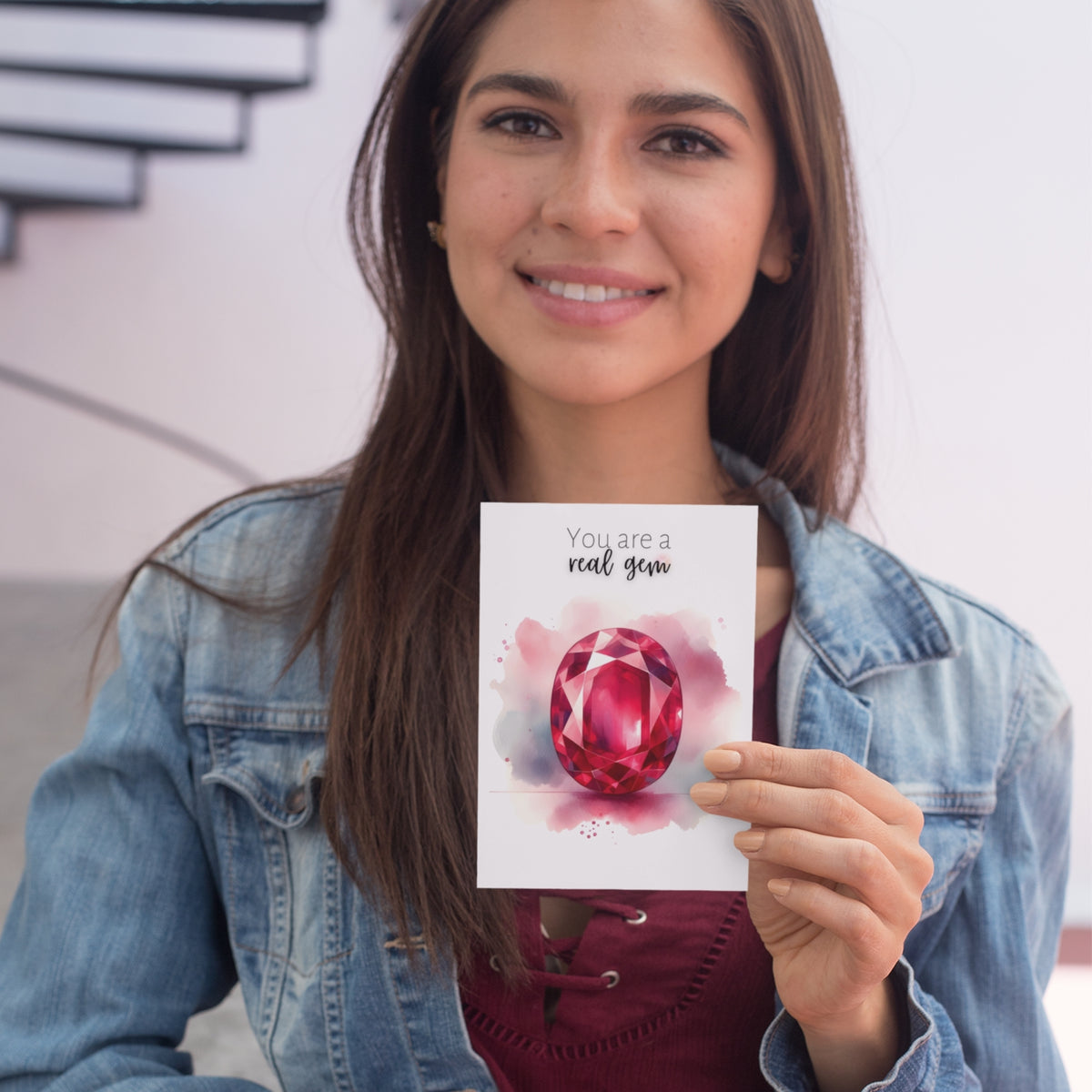 woman holdig "You are a real gem" Watercolor Oval Ruby Folded anniversary or Birthday Card by Nodeform