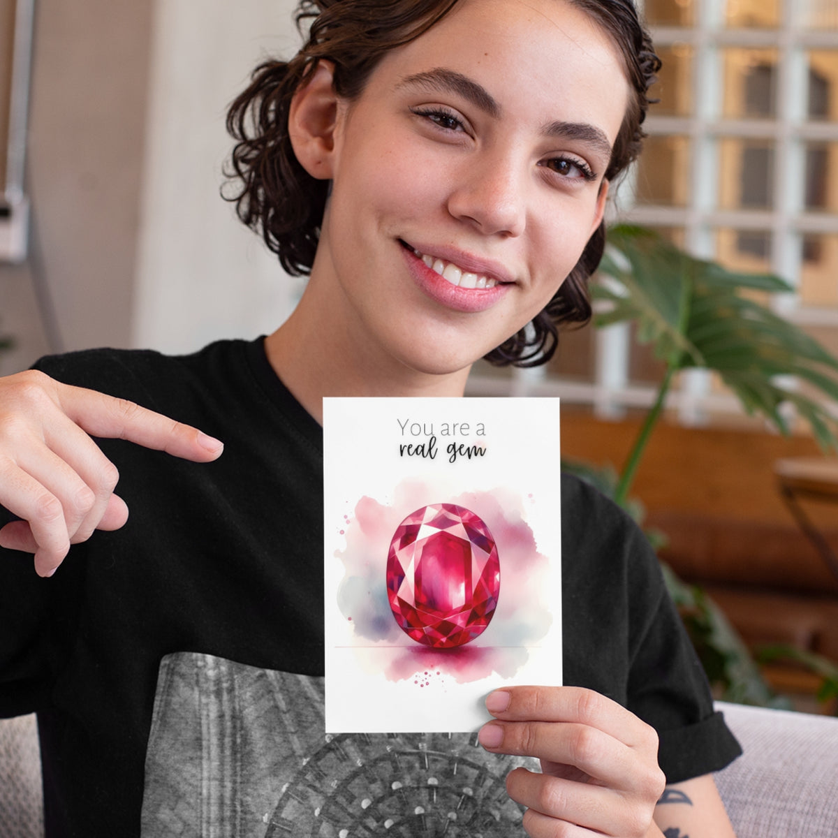 woman pointing to "You are a real gem" Watercolor Oval Ruby Folded anniversary or Birthday Card by Nodeform