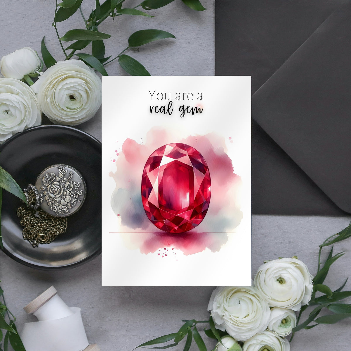 "You are a real gem" Watercolor Oval Ruby Folded anniversary or Birthday Card by Nodeform